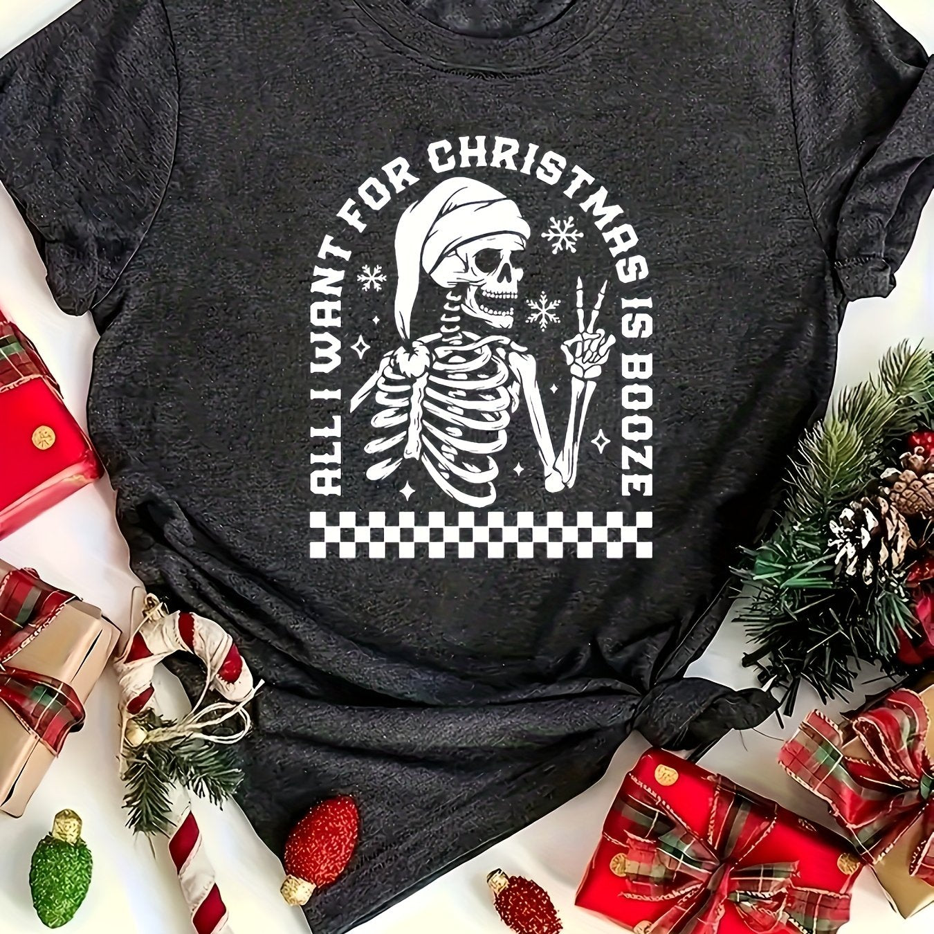 Feeling festive? Dress up in style with our Christmas Scissorhands Skeleton Round Neck T-Shirt for Women! Made with high-quality materials, this t-shirt features a unique design that is perfect for the holiday season. Stand out from the crowd and spread the holiday cheer with this must-have addition to your wardrobe.