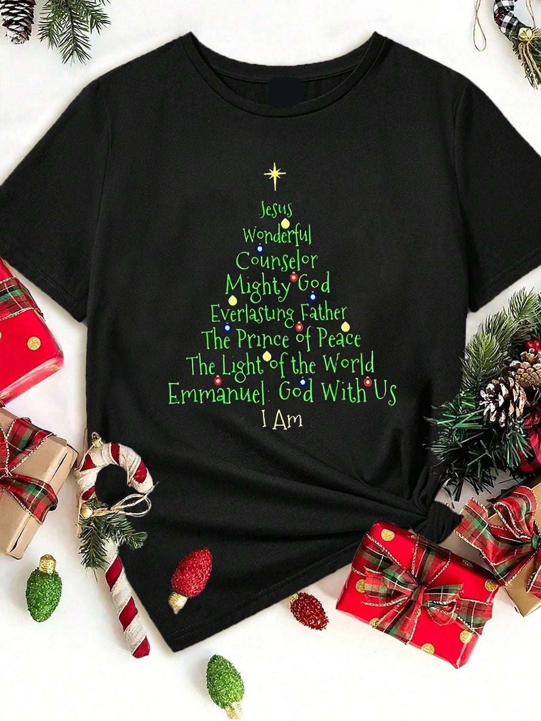 Welcome the holiday season with this Festive Flair Women's Casual Loose Fit Christmas Tree Graphic Tee. Its loose fit provides comfort while the Christmas tree graphic adds a touch of holiday cheer. Made for women, this tee is perfect for casual wear and is sure to spread festive joy.