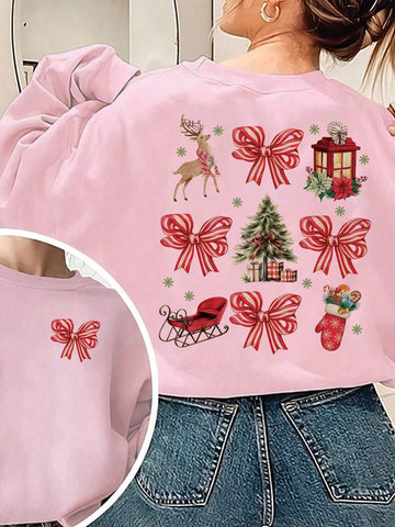 Display your holiday spirit in our Festive Flair Graphic Pullover Sweatshirt for women. Featuring a festive bow graphic, this sweatshirt is perfect for spreading Christmas cheer while staying cozy and comfortable. Made with soft and durable materials, it's the perfect addition to your holiday wardrobe.