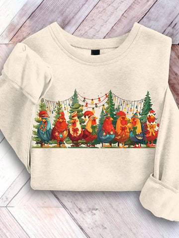 Celebrate the holidays in style with Festive Flair's Women's Loose Fit Christmas Chicken Print Sweatshirt. Made with a comfortable loose fit and featuring a charming chicken print, this sweatshirt is perfect for adding some festive cheer to your wardrobe. Made with high-quality materials, it's both cozy and stylish.