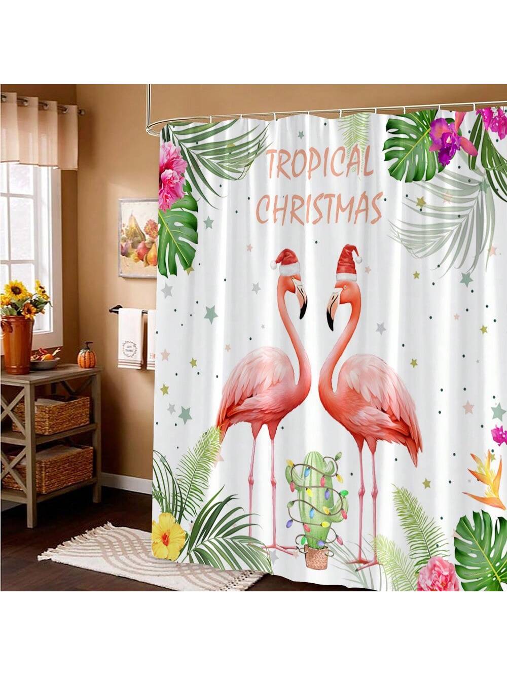 Turn your bathroom into a tropical paradise this Christmas with our Festive Flamingo Delight shower curtain and accessories set! Featuring playful flamingos in a festive holiday setting, this set will add a fun and unique touch to your holiday decor. Get ready to liven up your shower routine with this quirky and delightful set. (Only 48 words, perfect for a quick read!)