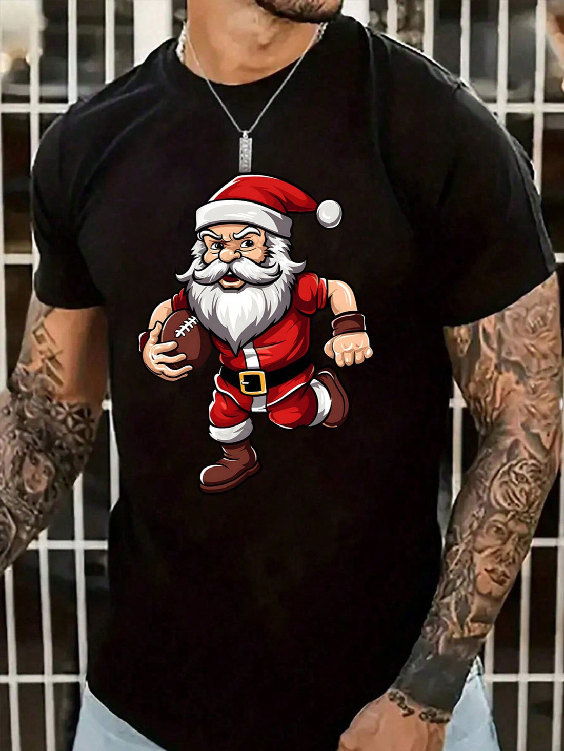 Get ready to spread some festive cheer this holiday season with our Festive Fun t-shirt! Featuring a jolly Santa playing football, this men's t-shirt is perfect for any Christmas gathering. The fun cartoon design adds a playful touch while the comfortable fabric ensures all-day wearability. Make a statement and celebrate the season with this stylish and unique t-shirt!