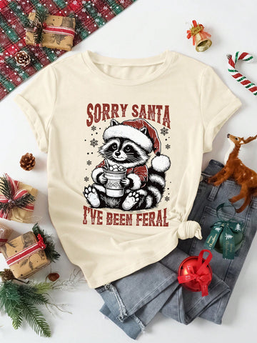 Unleash your holiday spirit with our Festive Fun Women's Raccoon Print Christmas T-Shirt! Featuring a cute raccoon print and a comfortable short sleeve design, this casual top is perfect for spreading cheer. Made with soft, high-quality fabric for a comfortable fit.