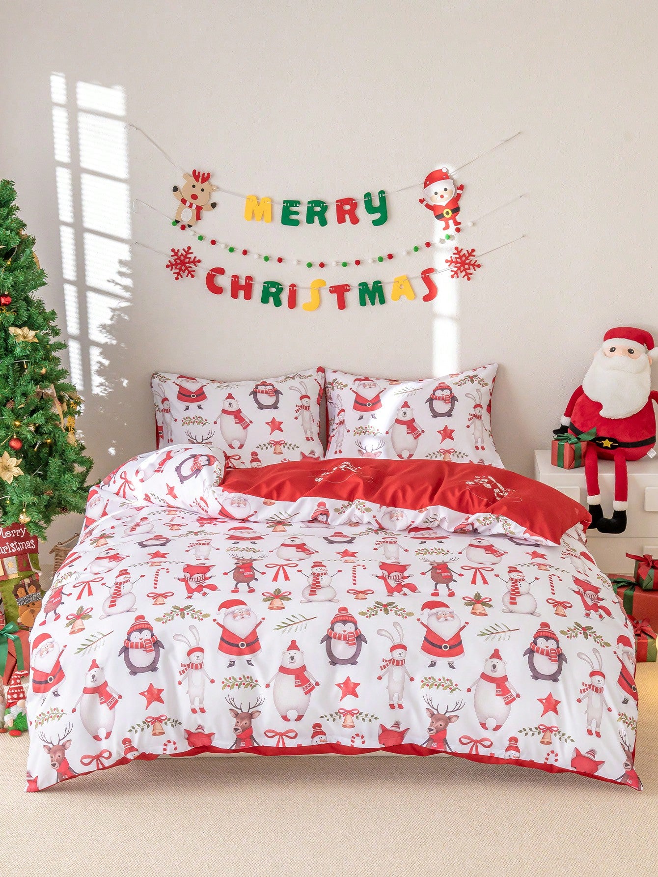 Experience the joy and warmth of the holiday season with our Festive Holiday Cheer Duvet Cover Set. Made from high-quality polyester, this 3-piece set features a charming Christmas print that will bring a delightful touch to your bedroom. Transform your sleep space into a festive wonderland with our duvet cover set.