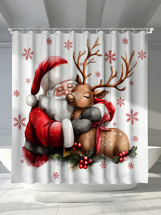 Upgrade your bathroom with our Festive Holiday Cheer shower curtain featuring Santa Claus and poinsettia design. Made with waterproof material and includes hooks for easy installation. Spread holiday cheer while keeping your bathroom clean and dry. Perfect for the festive season!