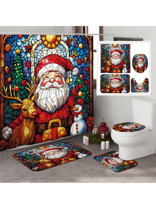 Add a touch of festive joy to your bathroom with our 4-piece Stained Glass Christmas Shower Curtain Set. The set includes a shower curtain, two rugs, and a toilet lid cover, all adorned with holiday-themed stained glass designs. Transform your bathroom into a winter wonderland and experience the joy of the holiday season every time you step in.