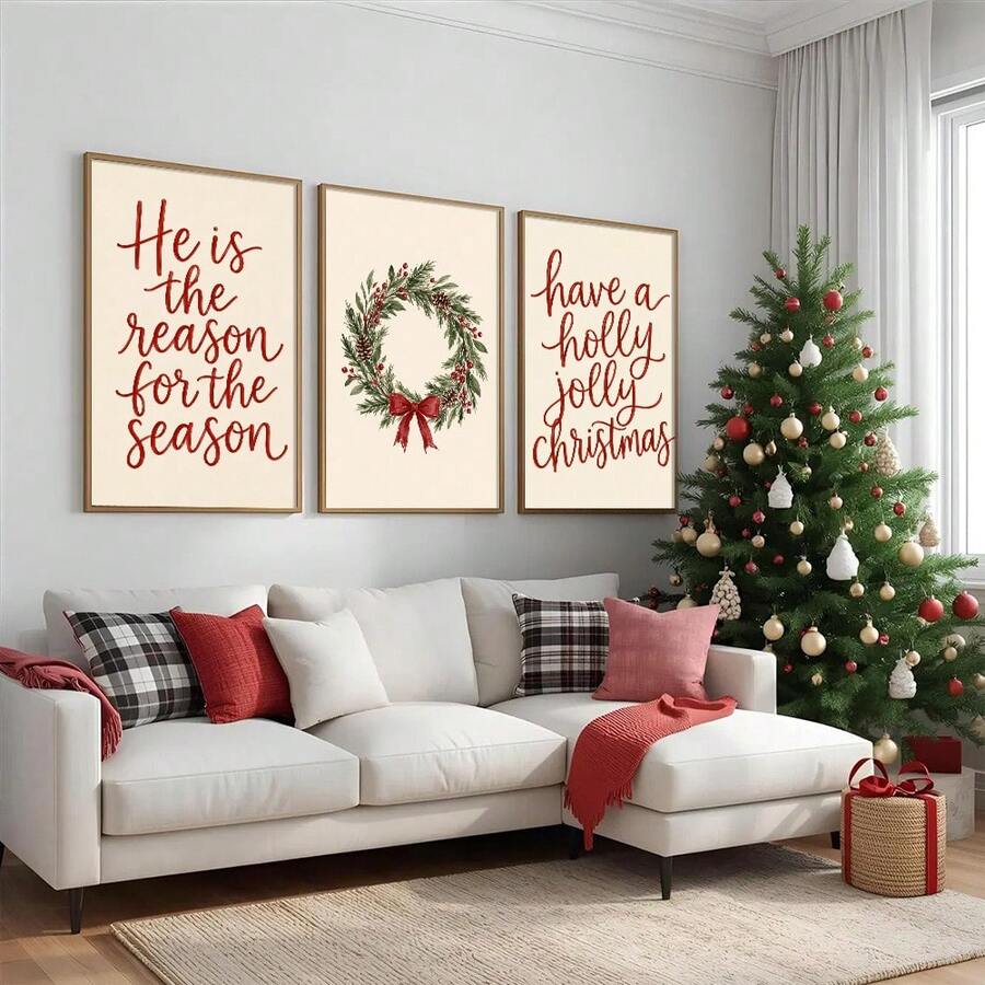 Three panel Holly Jolly Christmas wreath canvas art set