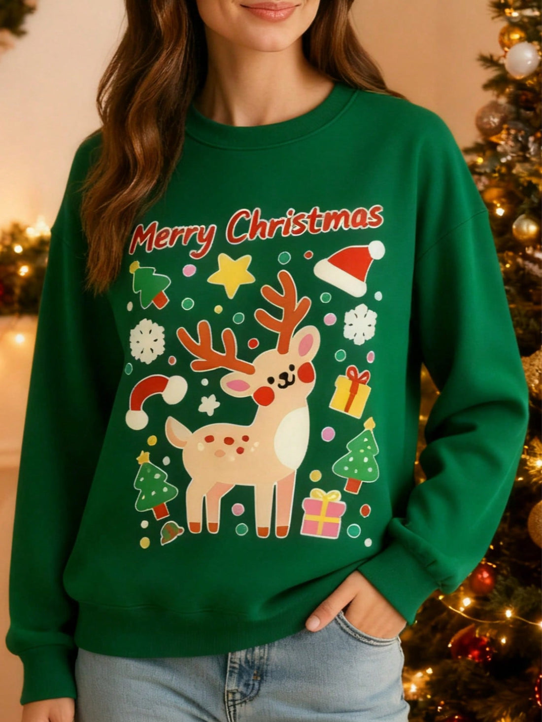 Wrap yourself in holiday cheer with this adorable oversized crewneck sweatshirt! Featuring a festive kawaii Christmas print that brings playful charm to your winter wardrobe, this cozy essential is perfect for lazy days, holiday gatherings, or casual outings. The relaxed fit ensures maximum comfort while the soft fabric keeps you warm and snug all season long. Whether you're sipping hot cocoa by the fireplace or spreading festive vibes around town, this sweatshirt is your go-to piece for effortless style an