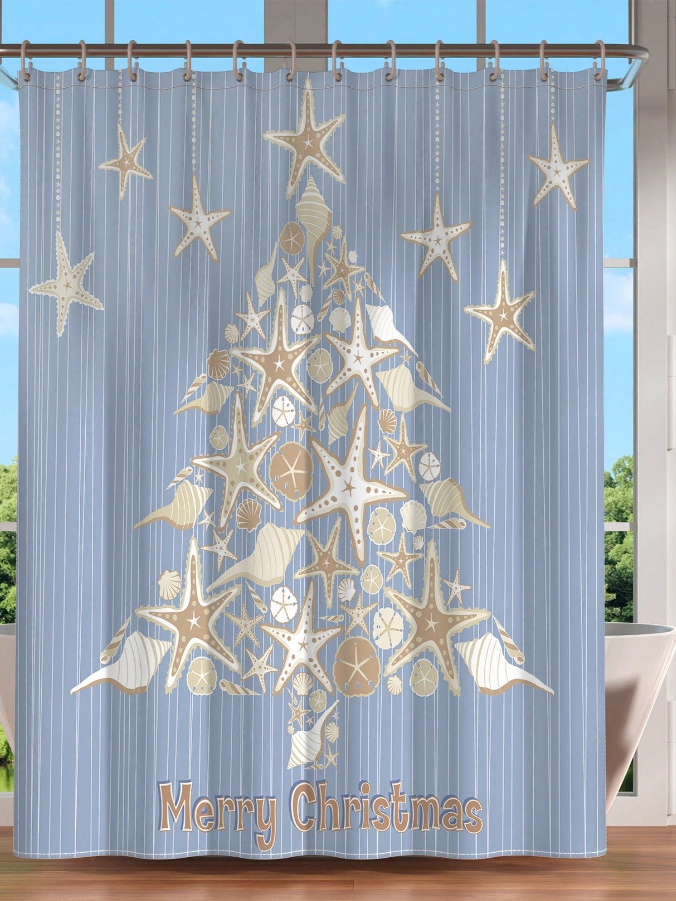 Elevate your holiday decor with this Festive Ocean-themed Christmas Shower Curtain! Adorned with starfish shells and a whimsical Christmas tree design, this waterproof curtain will bring a touch of seaside charm to your bathroom. Shower time has never been so festive!