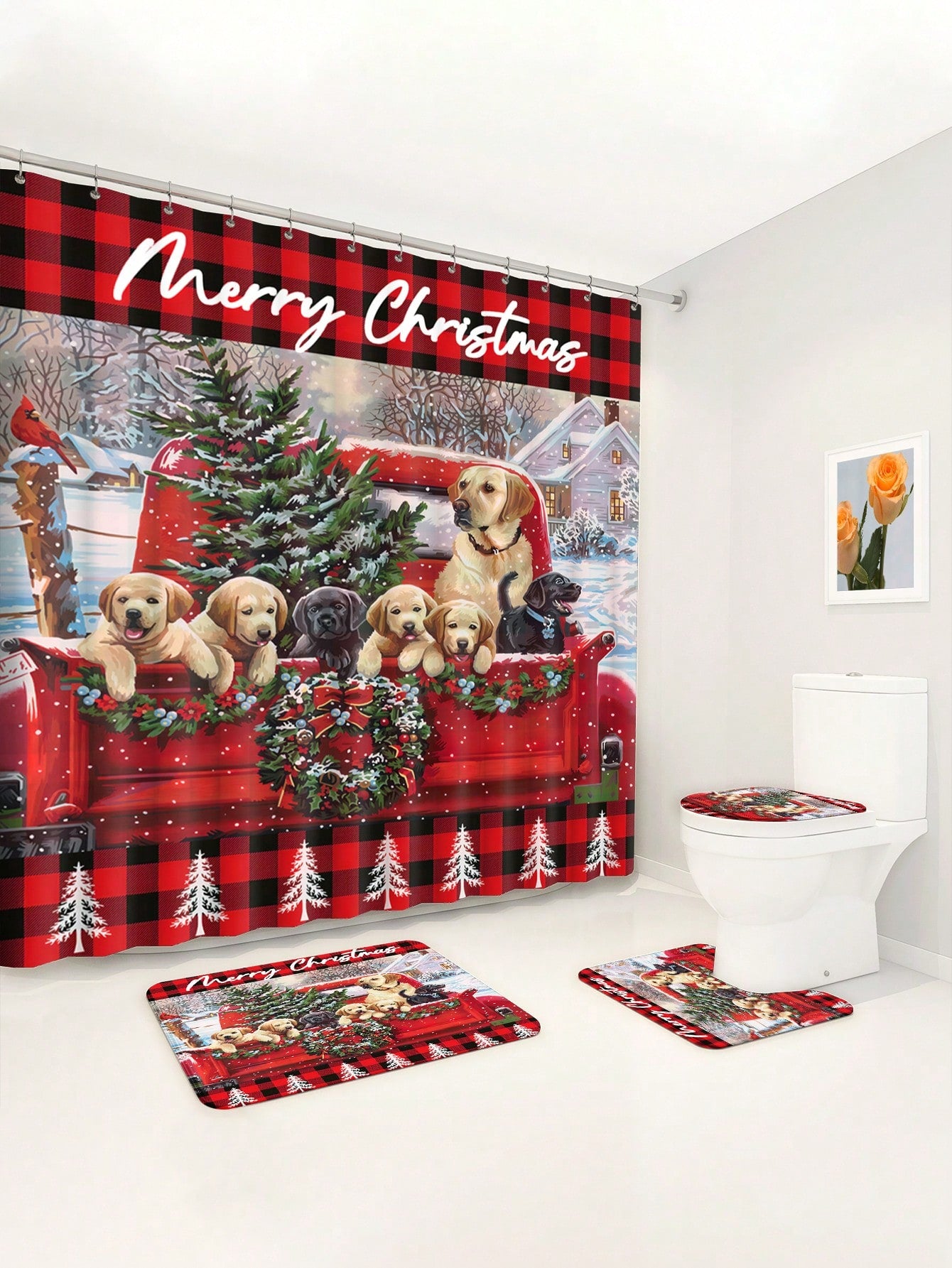 Transform your bathroom into a winter wonderland with our Festive Pooch Shower Curtain Set! This waterproof Christmas decor also includes cozy anti-slip mats, providing a functional and festive touch to your shower routine. (It's paw-fect for any dog lover!)