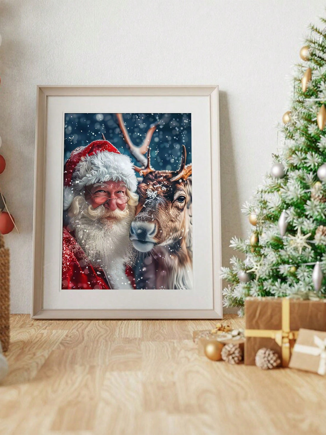 Add a cozy touch to your living spaces this holiday season with our Festive Reindeer & Santa Claus Canvas Poster. The perfect addition to your holiday decor, this wall art features a charming design of reindeer and Santa Claus that will bring joy to any room. Made with high-quality canvas and vibrant colors, this poster is sure to impress.