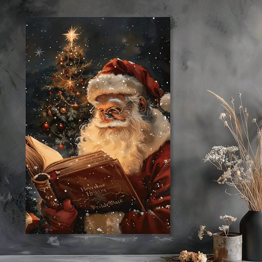 Santa reading beside a decorated Christmas tree canvas print