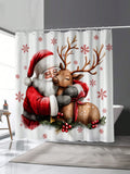 Featuring a festive design of Santa Claus and poinsettia flowers, this waterproof and mildew resistant shower curtain will add a touch of holiday cheer to your bathroom. Keep your bathroom clean and dry while also adding a festive touch with this must-have bathroom accessory.