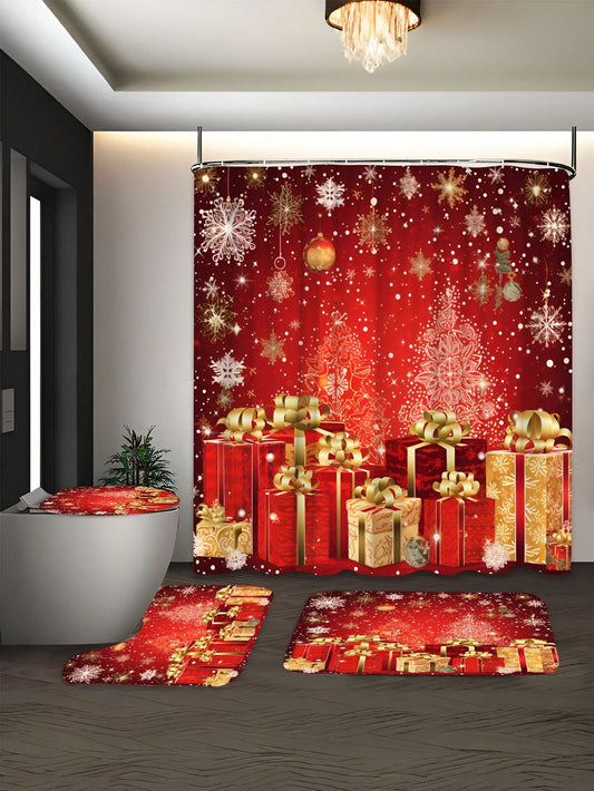 Transform your bathroom into a winter wonderland with our Festive Snow Pattern Christmas Shower Curtain Set. This complete bathroom accessory includes a waterproof curtain, 12 hooks, non-slip bath mat, and toilet cover. Enjoy a festive and functional holiday season with this set.