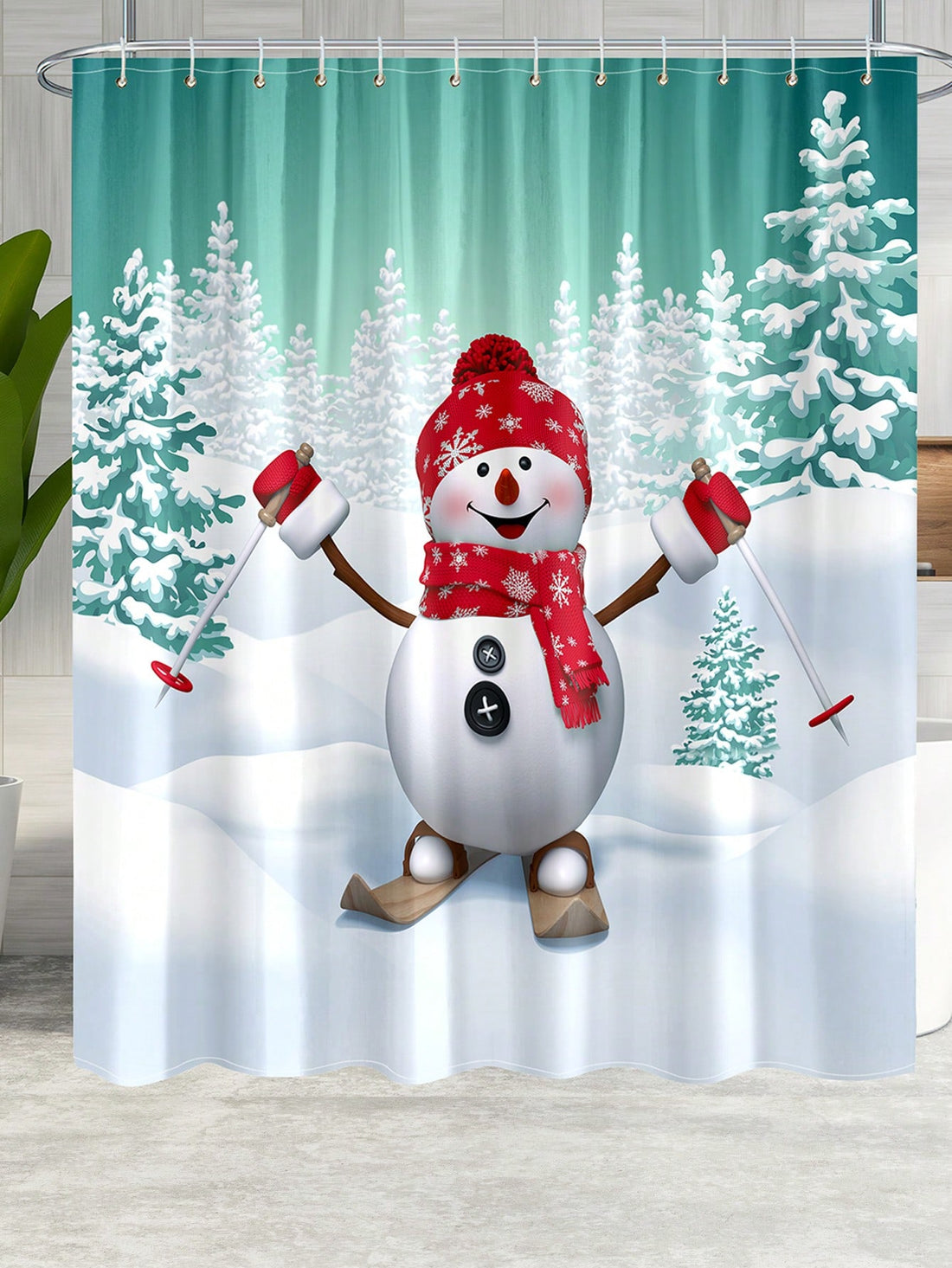 Add some holiday cheer to your bathroom with our Festive Snowman Skiing Shower Curtain! Featuring a cute snowman skiing pattern, this curtain is the perfect addition to your Christmas bath decor. Plus, it comes with 12 hooks for easy hanging. Let this adorable shower curtain bring a playful touch to your daily routine.