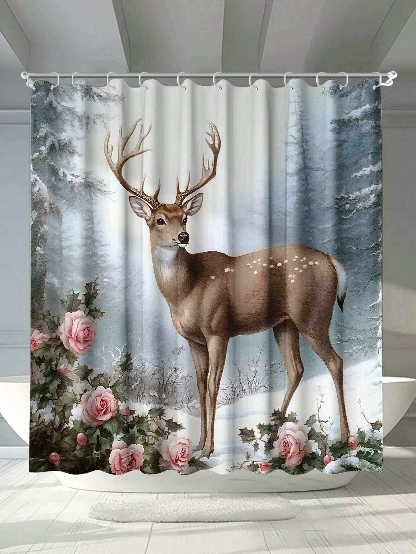 This festive winter wonderland shower curtain adds a touch of whimsy to your bathroom while also providing practical benefits. With its mildew-resistant fabric and included hooks, it's both stylish and functional. Bring the magic of the season into your daily routine with this snowflake and deer adorned shower curtain.