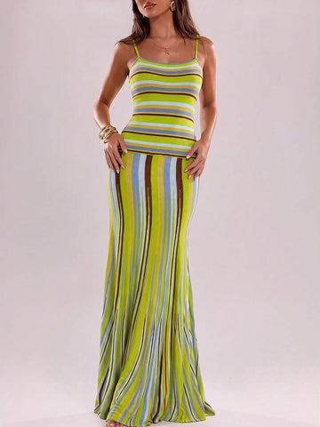 Front view of lime striped knit two-piece maxi dress set with square-neck cami and flared skirt