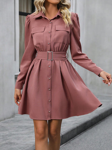 This Flap Pocket Puff Sleeve Shirt Dress with Belt offers the perfect blend of style and comfort. With its unique design, it features flap pockets, puff sleeves, and a belt for added sophistication. Made for all-day wear, this dress is perfect for any occasion.