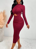 Enhance your confidence with our Flaunt Your Figure Dress. The mock neck, cut-out design and ruched bodycon silhouette accentuate your curves, making you feel like a fashion expert. Perfect for any occasion, this dress is both stylish and comfortable. Available now to flatter your figure.