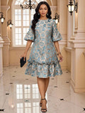 Fleurora Women's Elegant Jacquard Midi Dress with Ruffle Hem for Parties Elevate your party wardrobe with this stunning Fleurora jacquard midi dress. Featuring a charming ruffle hem and flounce detailing, this A-line silhouette flatters every figure with its regular fit and low waistline. The round neckline and three-quarter flare sleeves add a touch of elegance, while the multicolor random print pattern brings visual interest to any occasion.