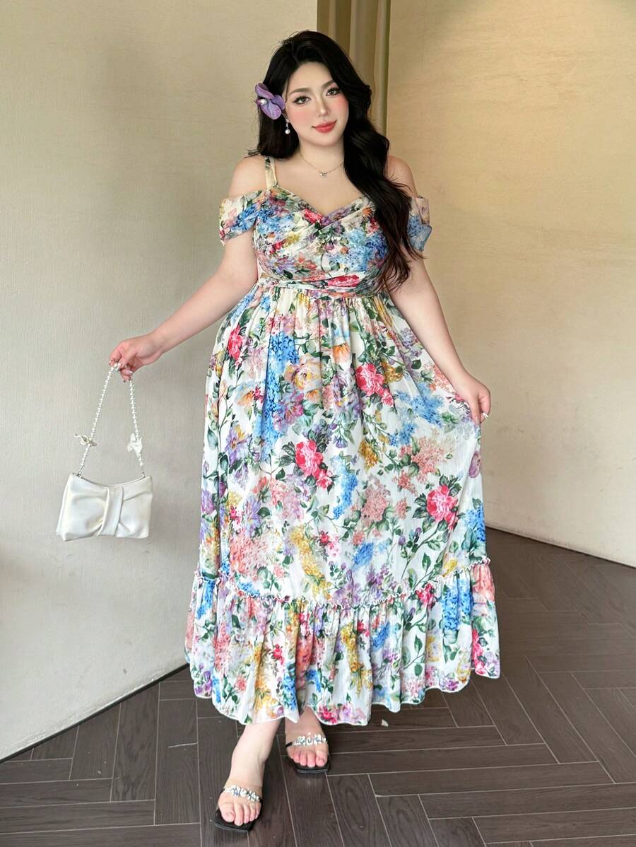 Embrace effortless elegance with this plus-size floral print dress. The off-shoulder neckline creates a romantic, flattering silhouette while the vibrant floral pattern adds timeless charm. Perfect for garden parties, date nights, or casual outings, this dress combines comfort with sophisticated style. The flowing fabric drapes beautifully on all body types, making you feel confident and radiant. An essential piece for any wardrobe that celebrates your curves with grace.