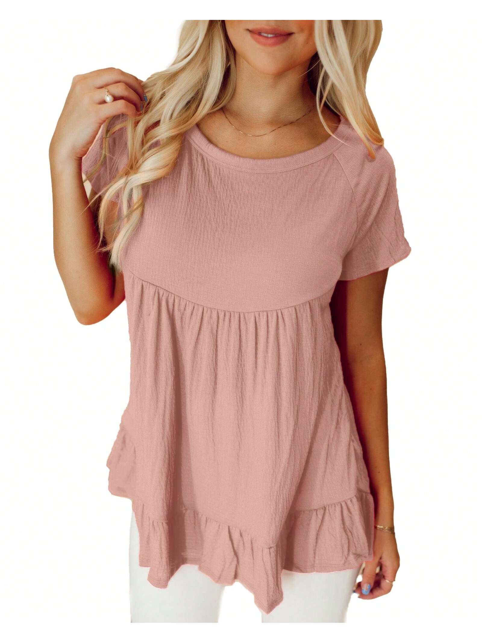 Get ready to bring some flirty fun to your wardrobe with the Flirty Pink Ruffle Hem Short Sleeve Top by Azura Exchange. The playful ruffle hem and short sleeves add a touch of charm to any outfit, making you stand out in style. Perfect for any occasion, this top is sure to turn heads.