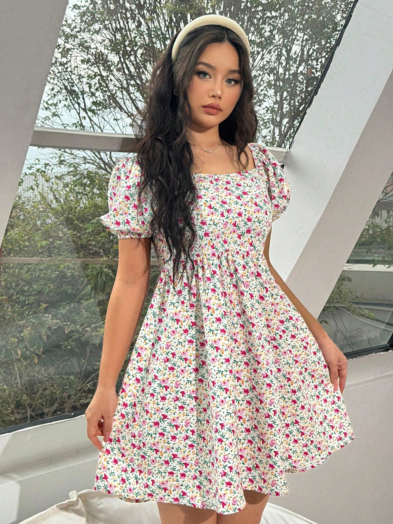 Floral A-Line Dress: Chic Puff Sleeve Design with Fitted Waist – Canary Houze