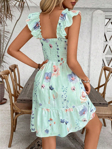 Floral Breeze: Women's Casual Shift Dress with Flutter Sleeves for Effortless Vacation Style