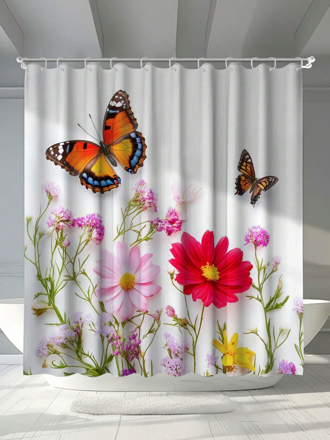 Make a splash in your bathroom with our Floral Butterfly Shower Curtain! Featuring a beautiful digital print of flowers and butterflies, this curtain is not only mildew proof and waterproof, but also comes with hooks and eyelets for easy installation. Fly away to your happy place with this fun and functional shower curtain!