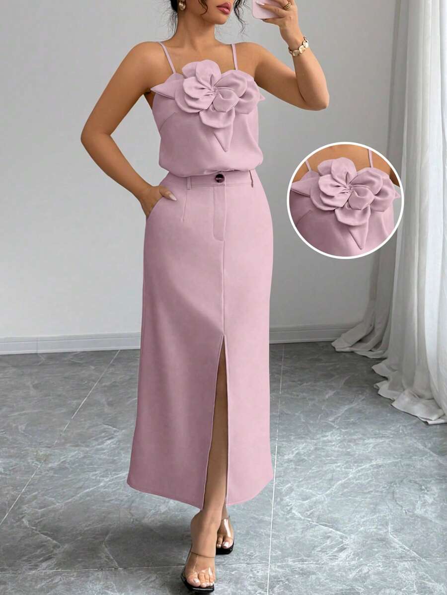 Twirl into spring with this charming floral camisole and split skirt duo! The delicate floral print brings garden-fresh vibes to your everyday wardrobe, while the silky camisole offers a flattering fit that works solo or layered. The split skirt adds just the right amount of movement and sass—perfect for brunch dates, casual outings, or whenever you want to feel effortlessly put-together. Mix, match, and make it yours!