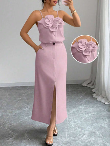 Twirl into spring with this charming floral camisole and split skirt duo! The delicate floral print brings garden-fresh vibes to your everyday wardrobe, while the silky camisole offers a flattering fit that works solo or layered. The split skirt adds just the right amount of movement and sass—perfect for brunch dates, casual outings, or whenever you want to feel effortlessly put-together. Mix, match, and make it yours!