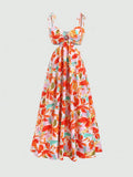 Front view of pink floral ruched top and maxi skirt set