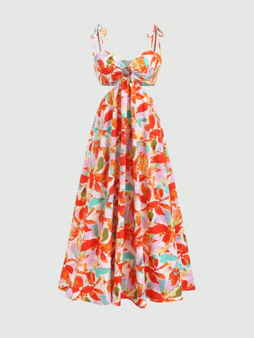 Front view of pink floral ruched top and maxi skirt set