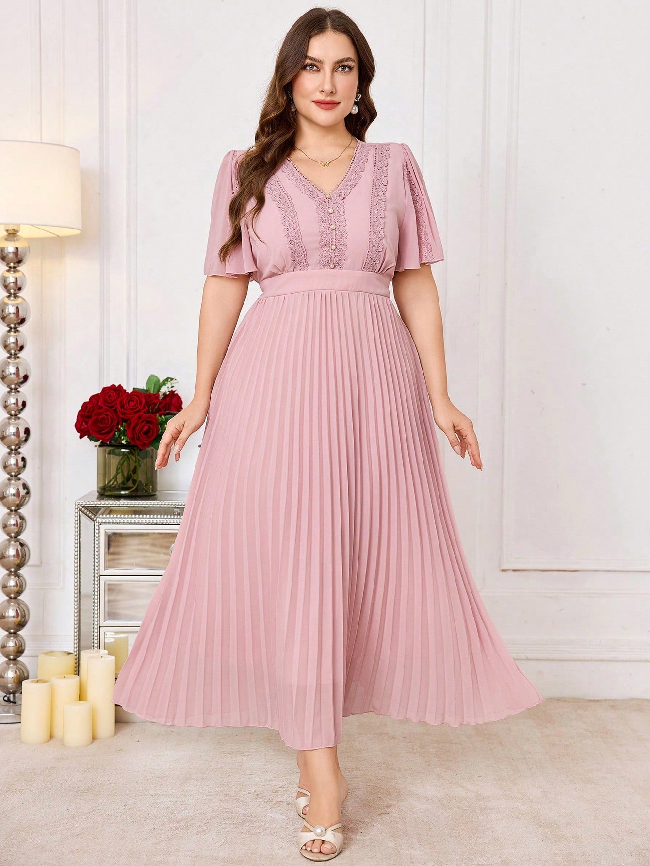 Floral Chiffon Ruffle Trim Plus Size Midi Dress for Women