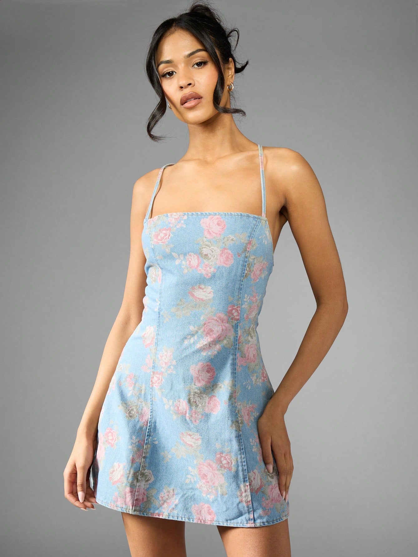 Floral Denim Mini Dress with Lace-Up Back – Stylish A-Line Sundress fo – Canary Houze