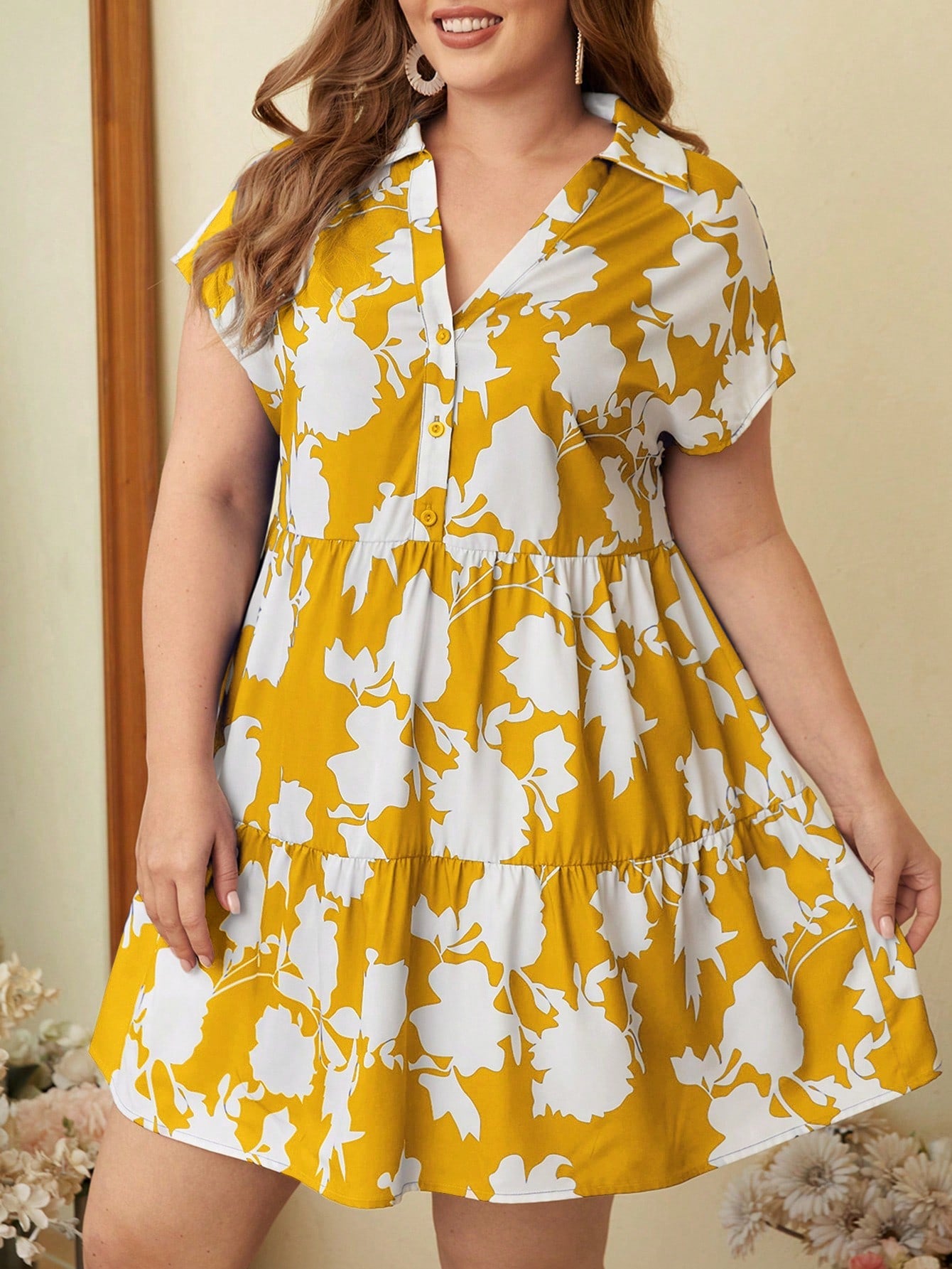 midi dress for fat women SHEIN Plus Size Yellow Floral Midi Dress Wedding Guest Semi Formal Dresses Boho Loose Fit Ruffle Hem Button Front Batwing Sleeve Collar High Waist