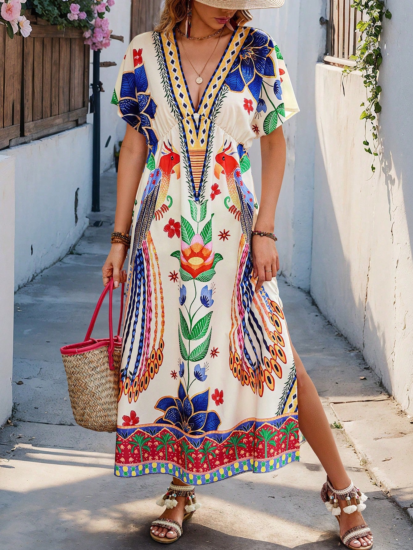Introducing the Floral Elegance Maxi Dress - the perfect choice for your effortless vacation style. With its v-neck and batwing sleeves, this dress exudes elegance and comfort. The beautiful floral pattern adds a touch of chic to any vacation look.