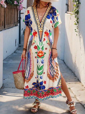 Introducing the Floral Elegance Maxi Dress - the perfect choice for your effortless vacation style. With its v-neck and batwing sleeves, this dress exudes elegance and comfort. The beautiful floral pattern adds a touch of chic to any vacation look.