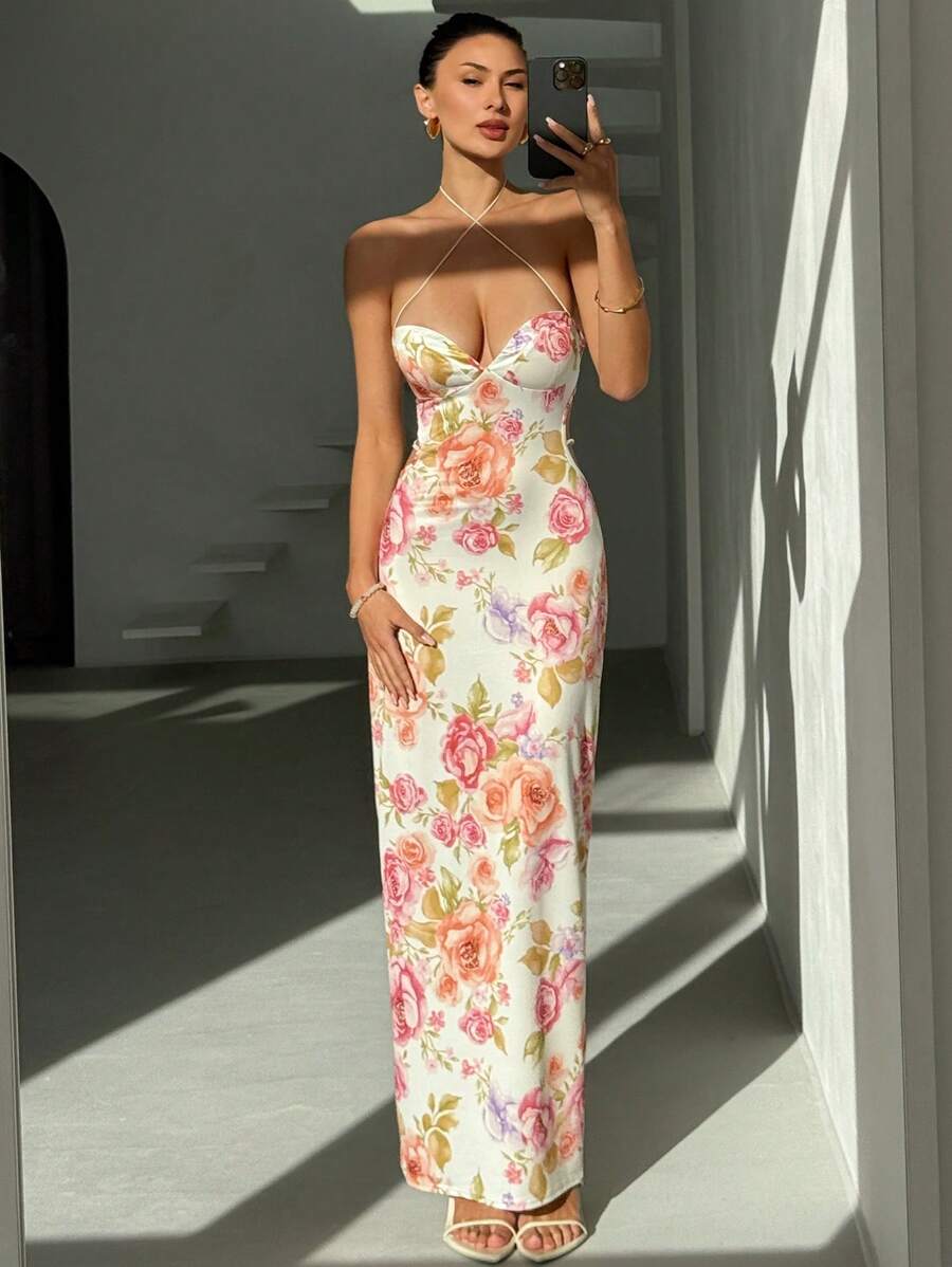Cream rose crisscross halter lace up maxi dress