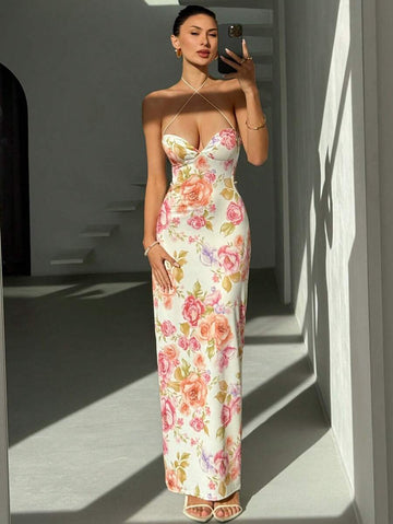 Cream rose crisscross halter lace up maxi dress