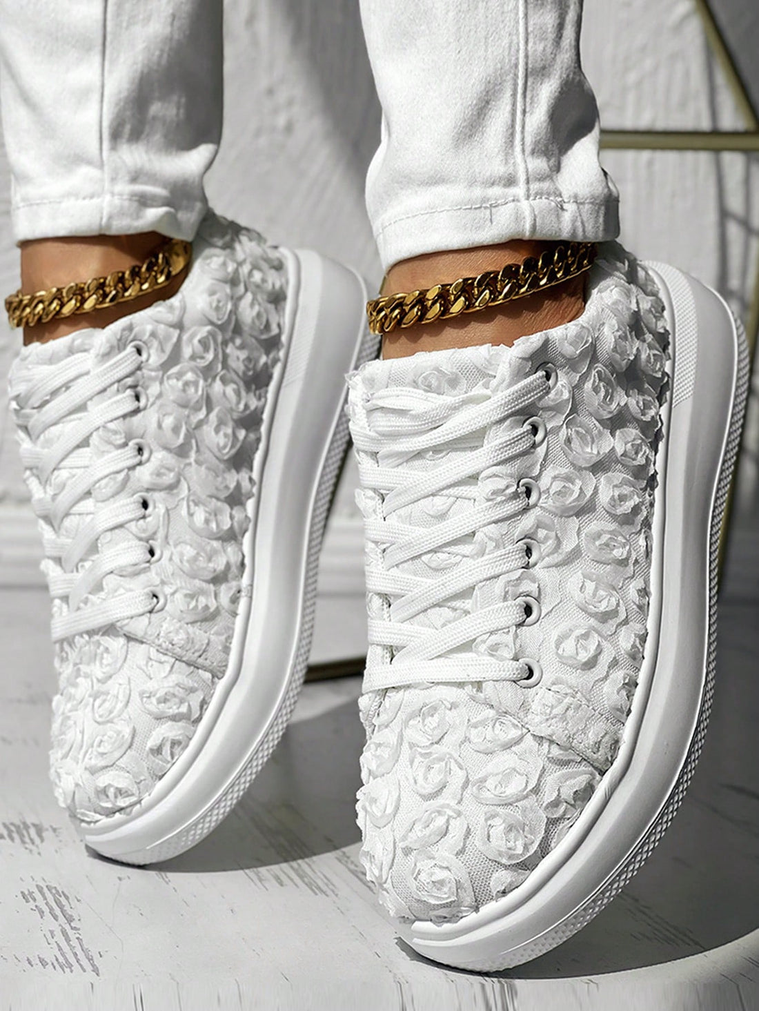 Elevate your wedding day look with our Floral Fantasy bridal platform running shoes. With a comfortable platform and stylish floral design, these shoes are perfect for any bride looking to make a statement while staying comfortable. Boost your confidence and style on your special day.