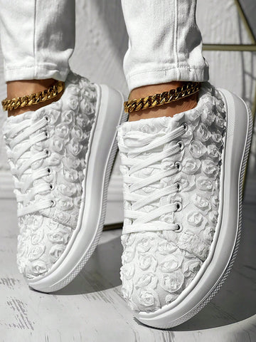 Elevate your wedding day look with our Floral Fantasy bridal platform running shoes. With a comfortable platform and stylish floral design, these shoes are perfect for any bride looking to make a statement while staying comfortable. Boost your confidence and style on your special day.