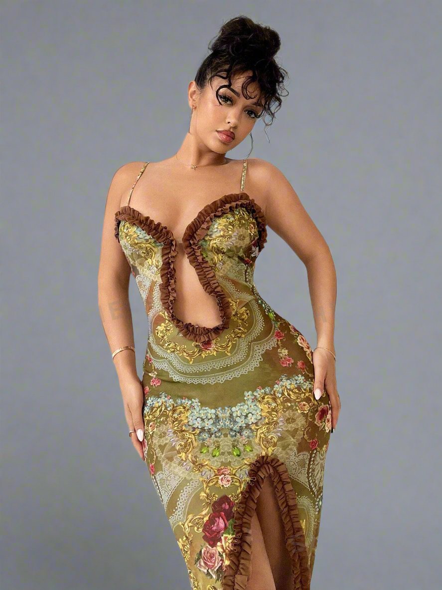 Floral Fantasy: Sleeveless Ruched Ruffle Hem Dress with Mesh Detail is the perfect combination of elegance and modern style. The intricate mesh detailing adds a touch of sophistication, while the ruched ruffle hem adds a playful flair. Made with high-quality fabric for a comfortable fit.