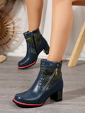 Floral Fantasy: Western Style Leather Ankle Boots for Autumn and Winter
