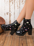 Elevate your style with our Floral Lace-Up Chunky Heel Black Ankle Boots for Fall/Winter 2024. The chunky heel provides stability and comfort, while the lace-up design adds a touch of sophistication. These boots are perfect for any fall or winter look, adding a trendy and stylish touch to any outfit.