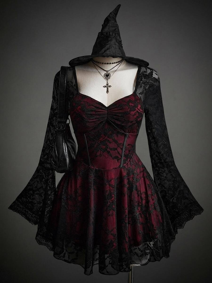 Front view of burgundy black lace corset dress with ruched sweetheart bodice and bell sleeves