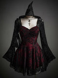 Front view of burgundy black lace corset dress with ruched sweetheart bodice and bell sleeves