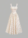 Front view of cream floral slip maxi dress with lace trim