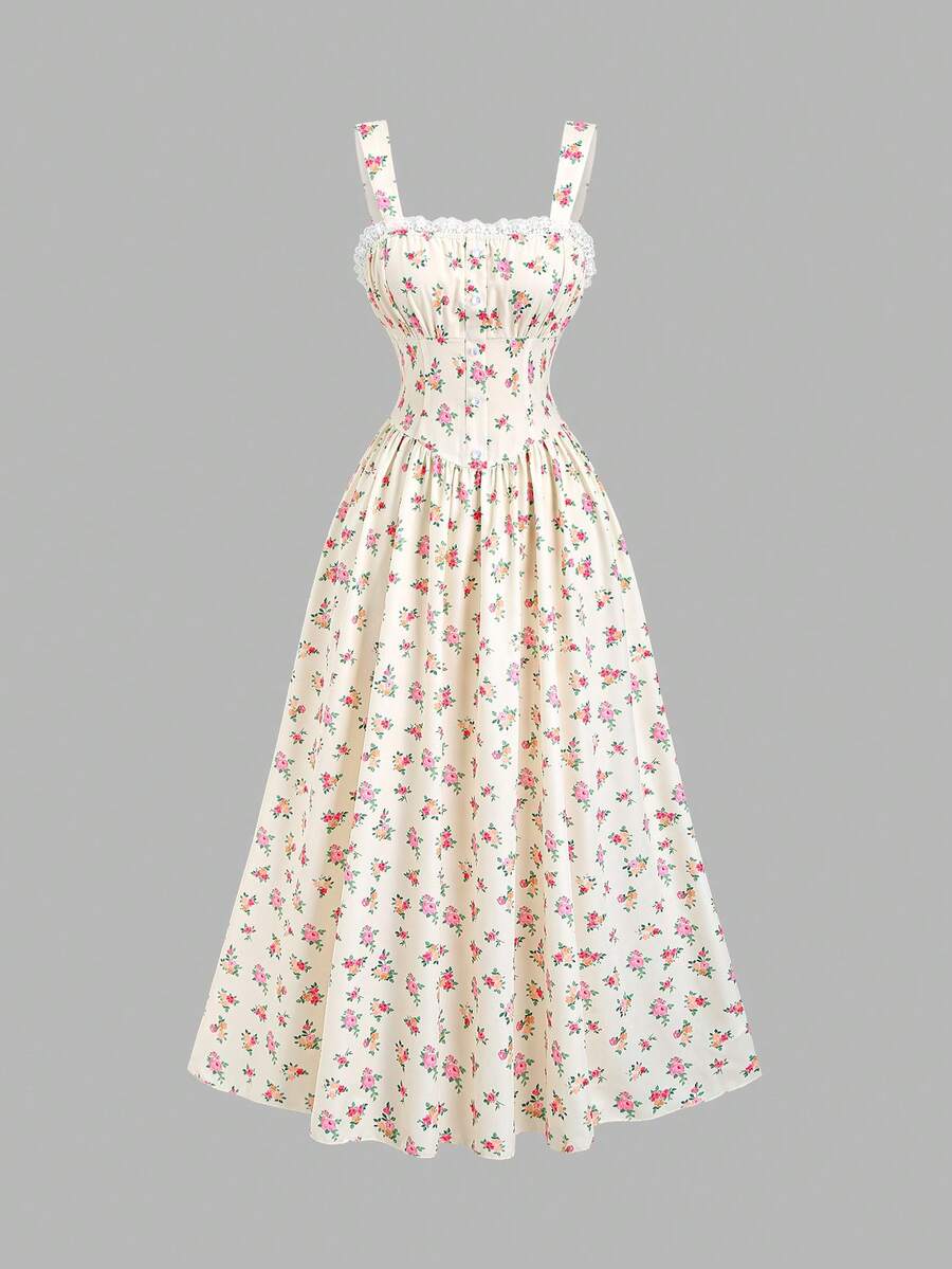 Front view of cream floral slip maxi dress with lace trim