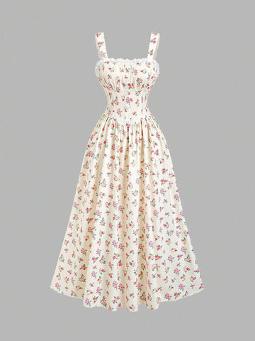 Front view of cream floral slip maxi dress with lace trim